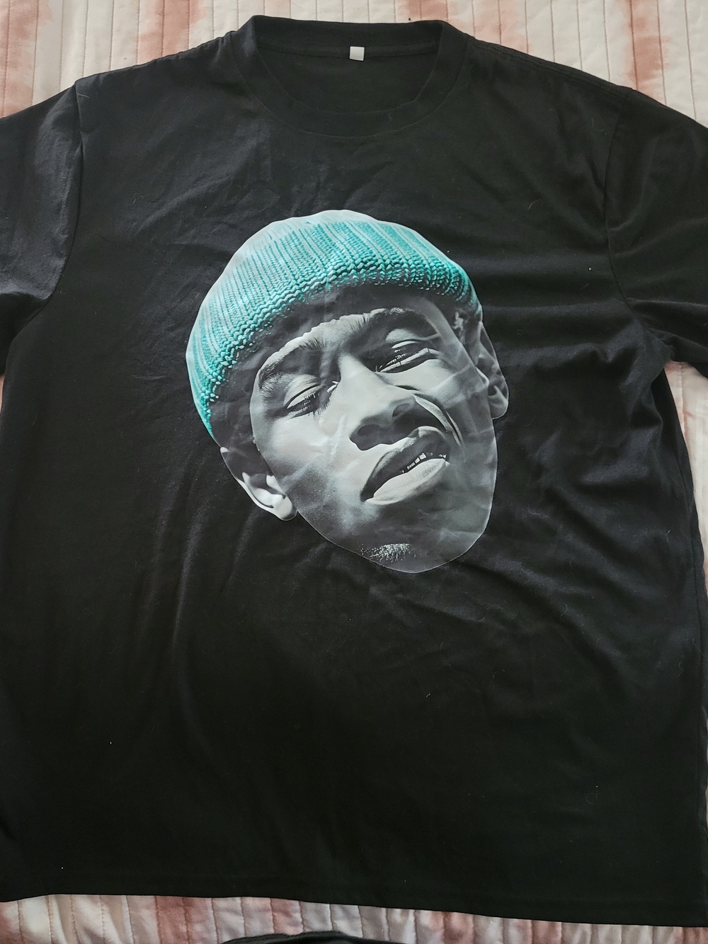 Black Hip Hop Inspired Graphic Tee w/ Teal Beanie Face of Tyler The Creator